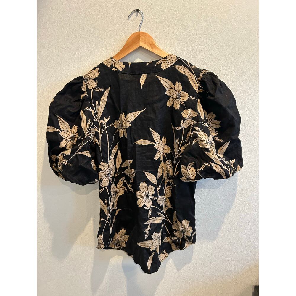 Ralph Lauren 100% Linen puff sleeve floral black beige tie front blouse top sz M - Picture 6 of 8